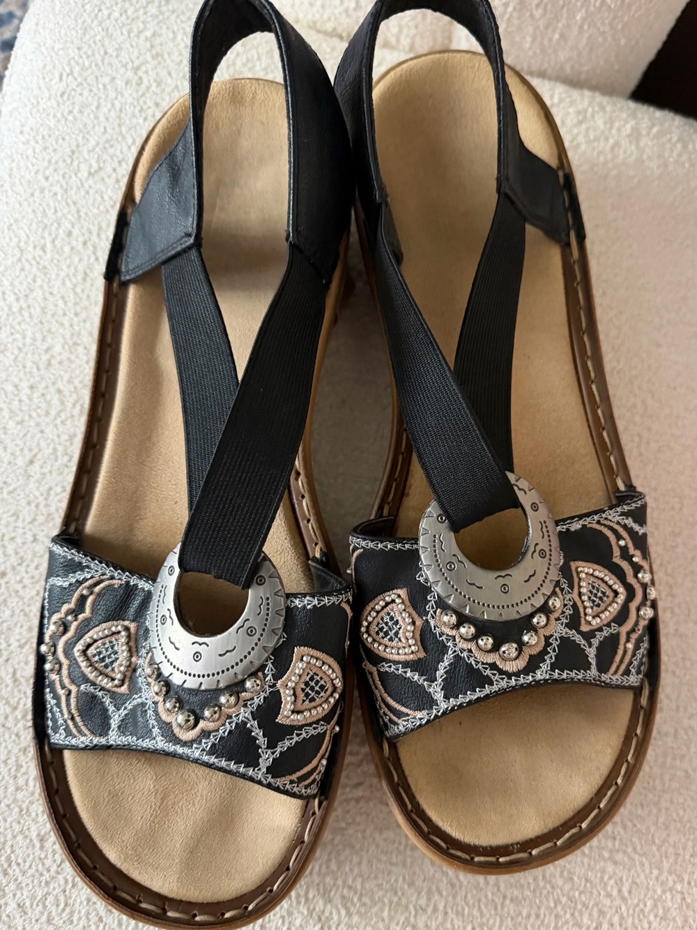 Rieker Black Embellished Toe-Loop Sandals with Silver Accents